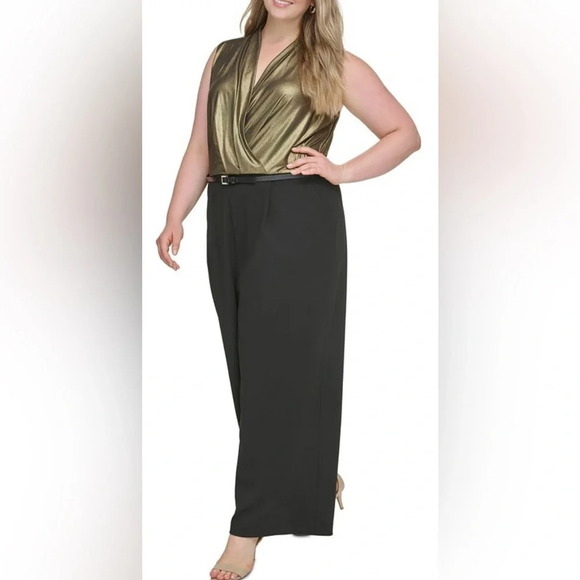 TOMMY HILFIGER Plus Size Metallic-Bodice Wide-Leg Jumpsuit Sz 18W Gold/Black - Picture 1 of 10